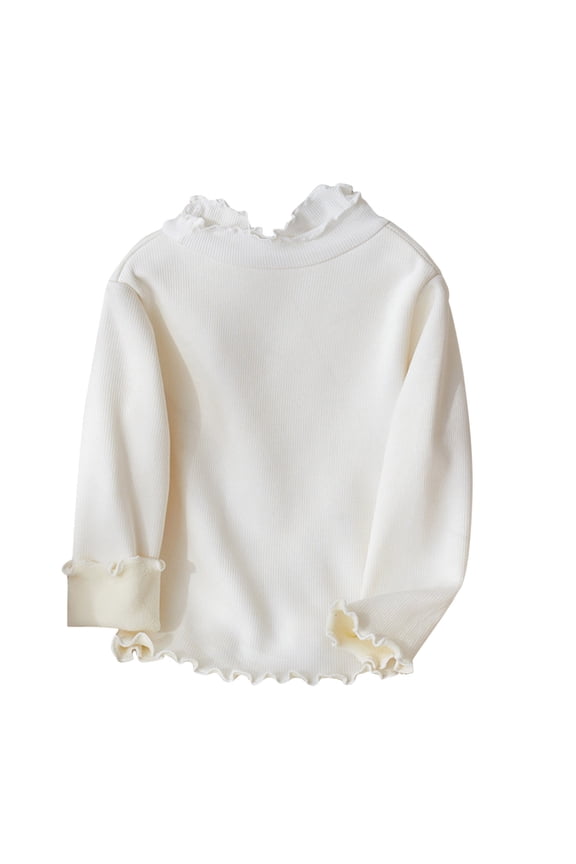 Infant Girl Winter Solid Colour Striped Ruffle Neckline Wooden Ear Hem Long Sleeve Inner Pullover Tops 2-12 Years White 12 Years