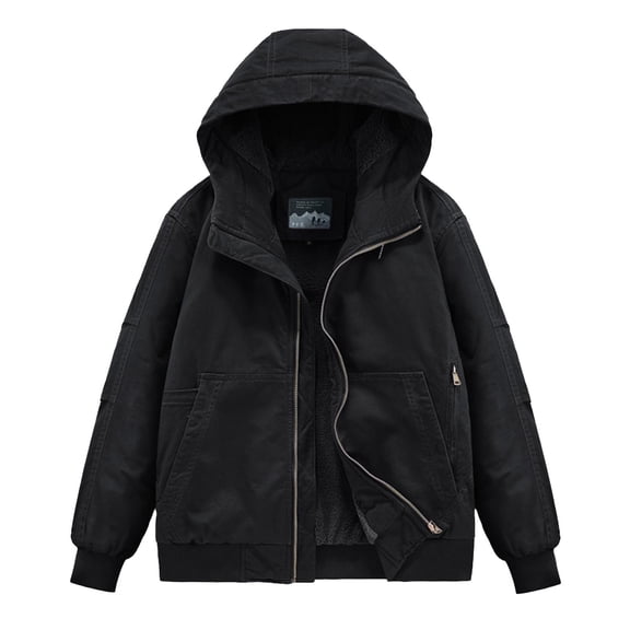 YLSDY Jackets for Men Sherpa Lined Outdoor Work Jackets Hooded Coats Plus Size Full Zip Casual Bomber Jackets Winter Outerwear Coat Black L