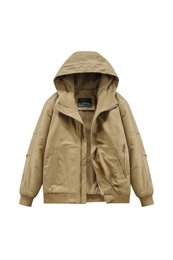 Jackets for Men Sherpa Lined Outdoor Work Jackets Hooded Coats Plus Size Full Zip Casual Bomber Jackets Winter Outerwear Coat Khaki M