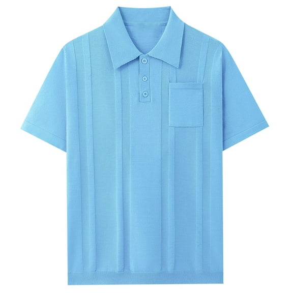 YLSDY Knit Button Collared Shirts for Men Short Sleeve Textured Button Collared Shirt Slim Fit Summer Collared T Shirt with Pocket Blue M