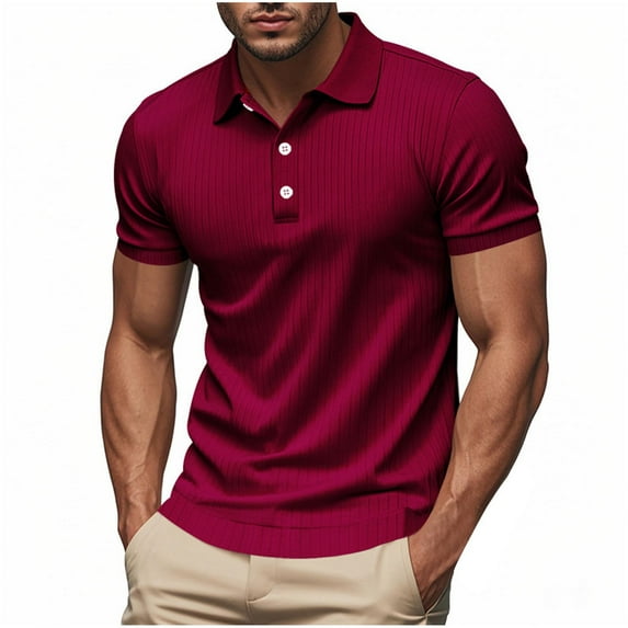 YLSDY Knitted Golf Shirts for Men Plain Short Sleeve Casual Soft Collared T-Shirt Front Placket Vintage Button Tees Pullover Wine XXXL