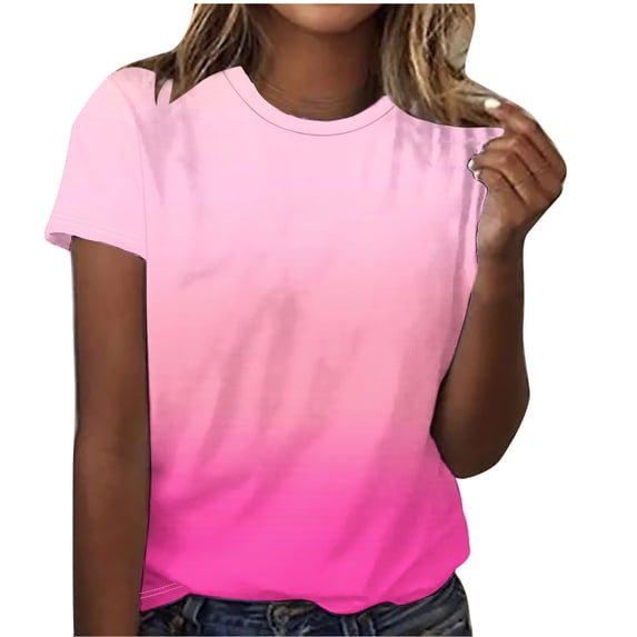 YLSDY Ladies Gradient Tunic T-Shirts Skinny Slim Fit Relaxed Flowy Casual Blouse Summer Basic Drop Shoulder Short Sleeve Basic Tees Fashion 2024 Novelty Ombre Shirts Round Neck Tops Pink 12