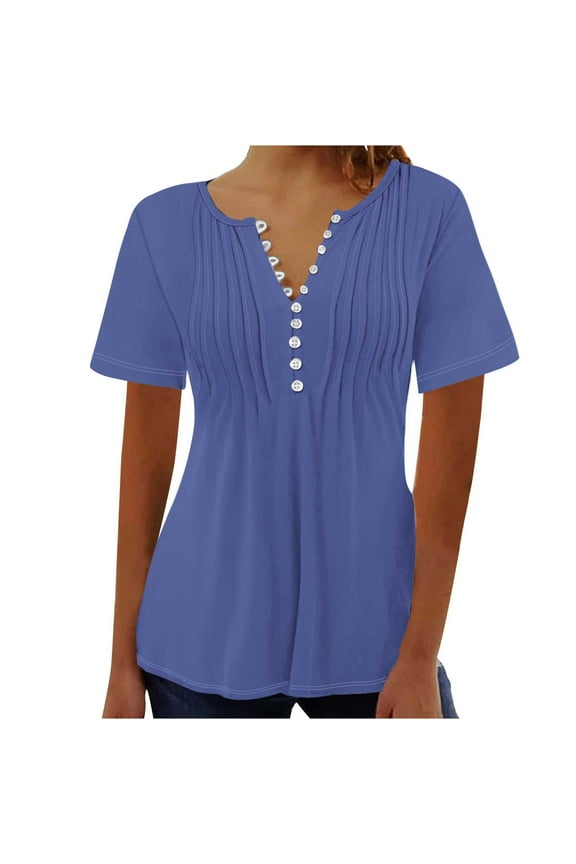 Ladies Pleated Tops Henley Shirts Classic Solid Peplum Shirts Button Up V Neck Tops Bundle Slim Fit Flowy Casual Blouse Summer Basic Raglan Sleeve Short Sleeve Basic Tees Fashion Navy 4