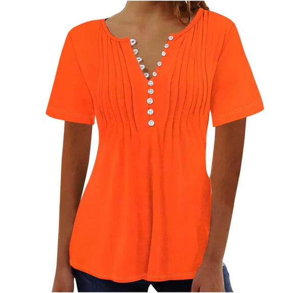 YLSDY Ladies Pleated Tops Henley Shirts Classic Solid Peplum Shirts Button Up V Neck Tops Bundle Slim Fit Flowy Casual Blouse Summer Basic Raglan Sleeve Short Sleeve Basic Tees Fashion Orange 8