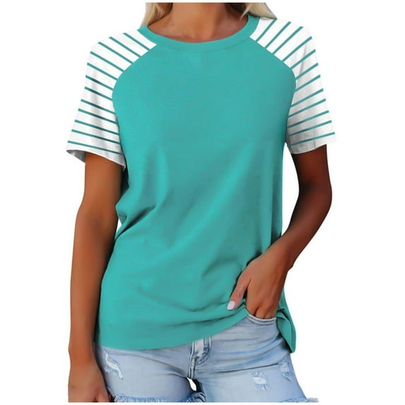 YLSDY Ladies Tunic Patchwork T-Shirts Vintage Color Block Shirts Boat Neck Tops Comfy Breathable Loose Fit Flowy Casual Blouse Summer Basic Raglan Sleeve Short Sleeve Basic Tees Green 8