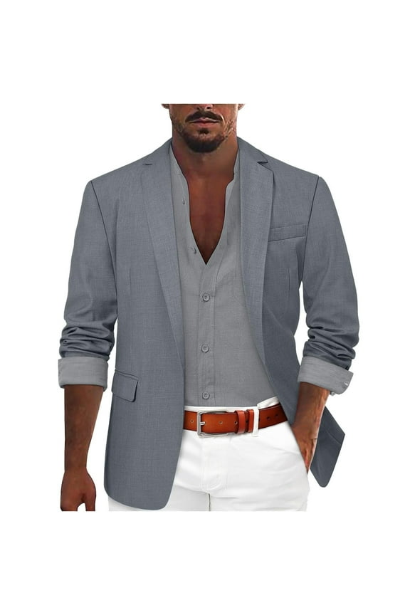 Linen Blazer Men Summer Casual Business Suit Jackets with Pockets Lightweight Sports Linen Suit Jacket for Men Gray XXXL