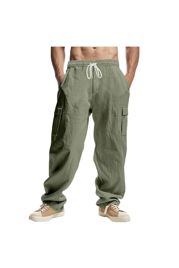 Linen Cargo Pants for Men Summer Casual Elastic Waist Pants with Pockets Relaxed Fit Beach Yoga Travel Lounge Pants Army Green S