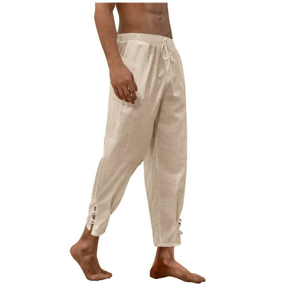 YLSDY Linen Pants Men 2025 Summer Beach Pants Drawstring Casual Pant Slim Fit Lightweight Baggy Linen Joggers with Pockets Khaki L