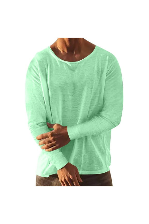 Linen Shirts for Men Long Sleeve Solid Lightweight Crew Neck Casual Shirts Summer Fashion Beach Pullover Tops Mint Green XXXL