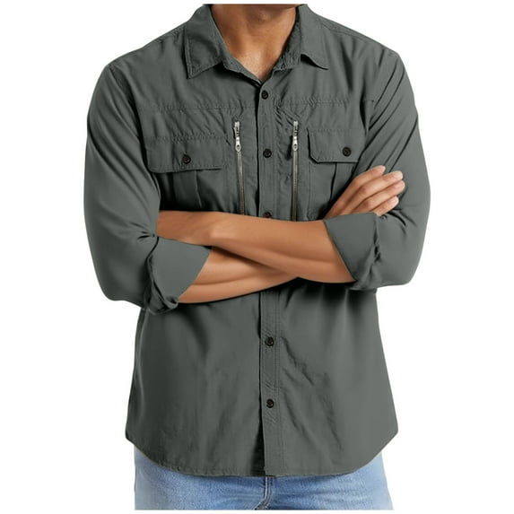 YLSDY Long Sleeve Cotton Button Down Work Shirts Coat for Men - Casual Loose Fit Cargo Shirt Jacket Turndown with Multi Pockets Outdoor Gray XL