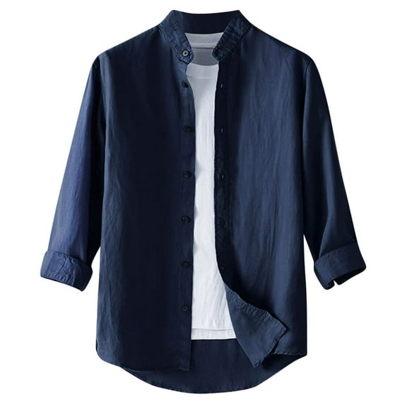 YLSDY Long Sleeve Cotton Linen Shirt Men Casual Button Down Shirt for Men Stand Collar Summer Beach Wedding Shirt Navy XL