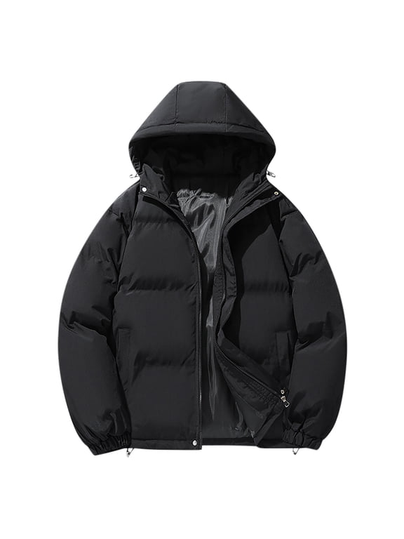 Long Sleeve Down Parkas Men's Casual Hooded Jacket Warm Light Puffy Windproof Zipper Pockets Outdoor Winter Clothing Black L