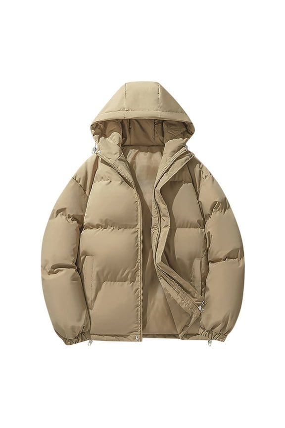 Long Sleeve Down Parkas Men's Casual Hooded Jacket Warm Light Puffy Windproof Zipper Pockets Outdoor Winter Clothing Khaki XL
