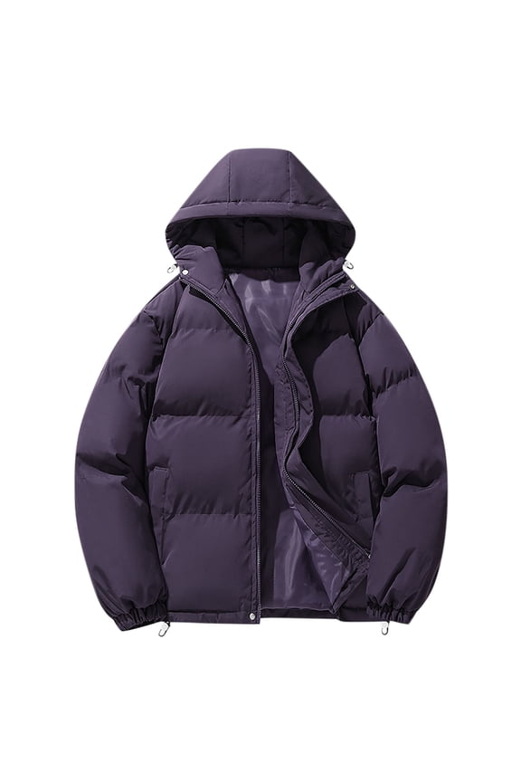 Long Sleeve Down Parkas Men's Casual Hooded Jacket Warm Light Puffy Windproof Zipper Pockets Outdoor Winter Clothing Purple M