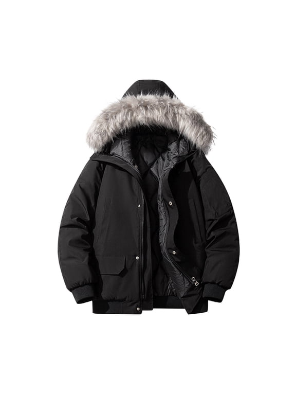Long Sleeve Parkas Men's Casual Hooded Water-Repellent Down Jacket Lightweight Warm Zippered Outdoor Winter Coat Black L