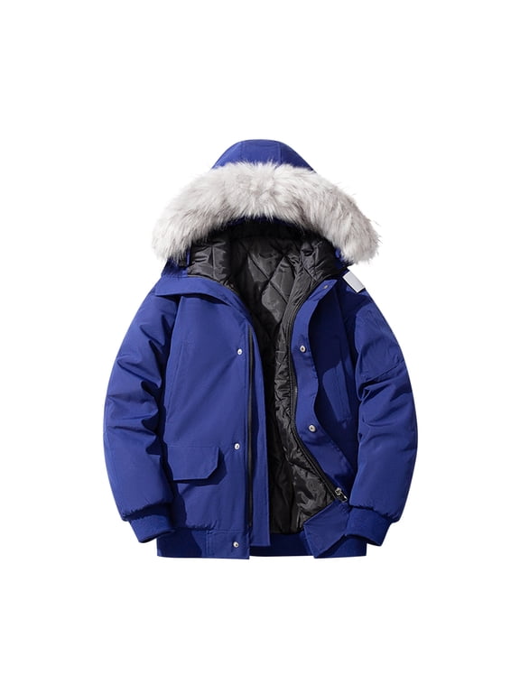 Long Sleeve Parkas Men's Casual Hooded Water-Repellent Down Jacket Lightweight Warm Zippered Outdoor Winter Coat Blue S