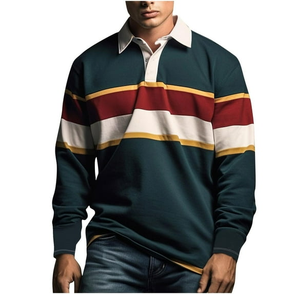 YLSDY Long Sleeve Stripe Button Collared Shirts for Men Vintage Color Block Slim Fit Golf Collared Work Casual Rugby Shirts Green XXXXL