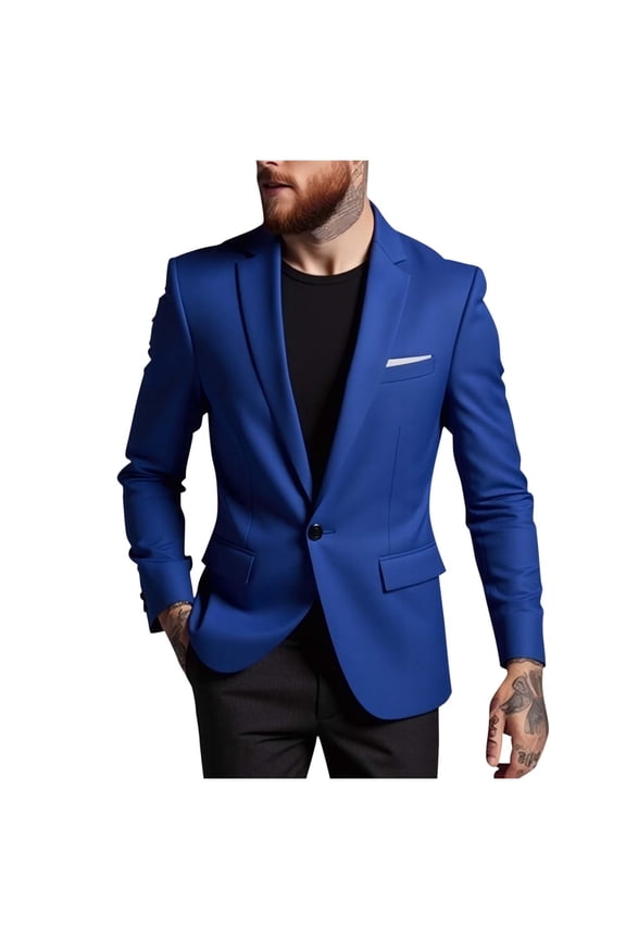 Men Blazer Casual Suit Coat Stylish Lapel Pocket Long Sleeve Lightweight Soft Jacket Wedding Party Daily Wear Fashionable Outerwear Blue XXL