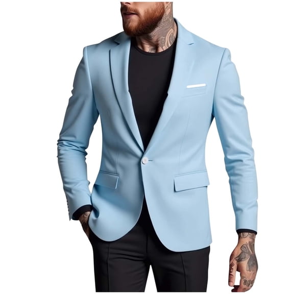YLSDY Men Blazer Casual Suit Coat Stylish Lapel Pocket Long Sleeve Lightweight Soft Jacket Wedding Party Daily Wear Fashionable Outerwear Sky Blue L