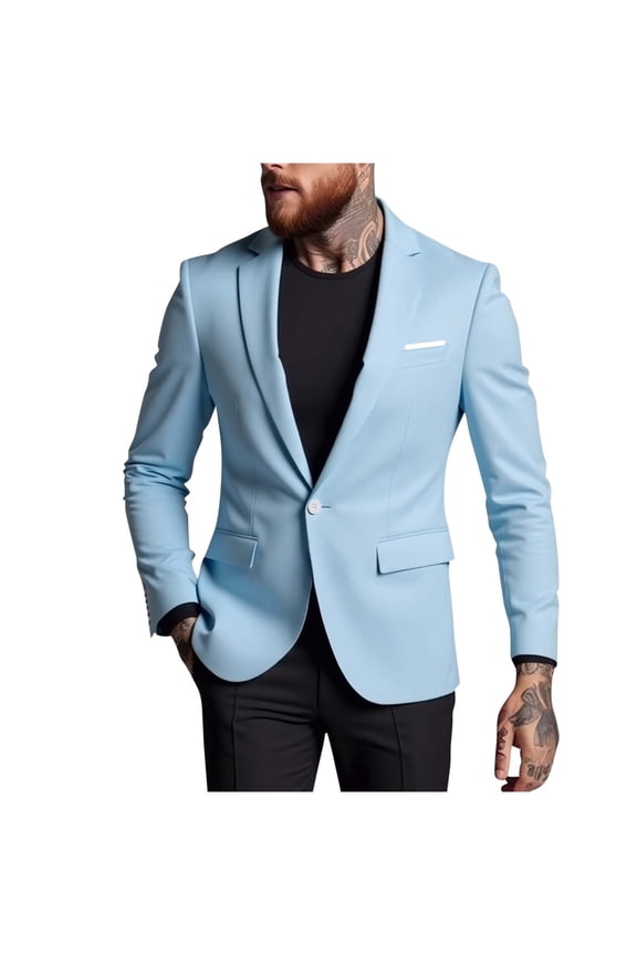 Men Blazer Casual Suit Coat Stylish Lapel Pocket Long Sleeve Lightweight Soft Jacket Wedding Party Daily Wear Fashionable Outerwear Sky Blue S