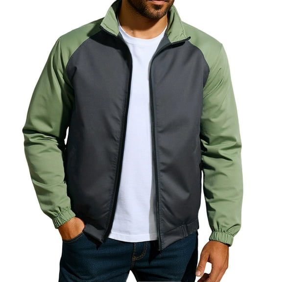 YLSDY Men Bomber Jacket Long Sleeve Lightweight Casual Windbreaker Jackets Stand Collar Zip Up Colorblock Coat with Pockets Green L