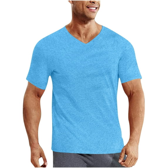 YLSDY Men Casual Slim Fit Short Sleeve T Shirt Soft Lightweight V-Neck Tee Base Layer Basic Undershirt Basketball Jersey Sky Blue M