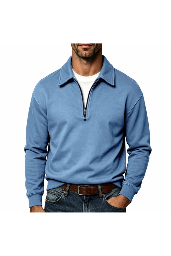 Men Collared Half Zip Sweatshirts Clean Plain Long Sleeve Loose Fit for Client Meetings Mall Wanderings Light Blue M