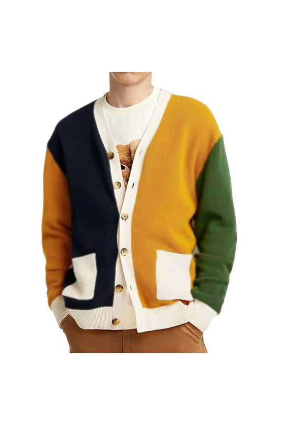 Men Color Block Cardigan Sweaters Long Sleeve V-Neck Slim Fit Casual Buttons Down Ribbed Knitted Sweater with Pockets Yellow M