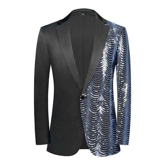 YLSDY Men Color Block Sequin Shiny Prom Suit Jacket One Button Slim Fit Sport Coats and Blazers Tuxedo for Wedding Banquet Silver XS