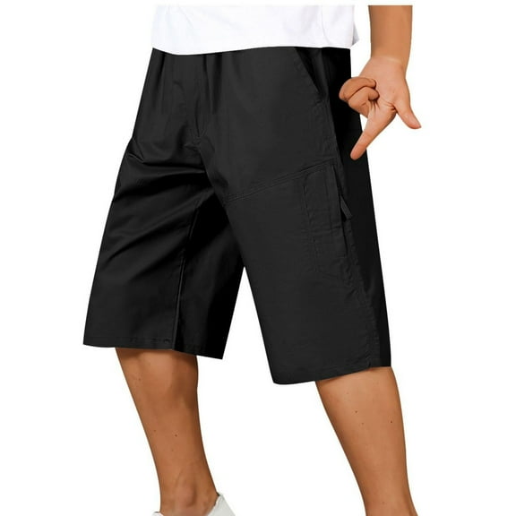 YLSDY Men Cotton Casual Cargo Shorts Summer Knee Length Short Pants Elastic Waist Lounge Short Bermuda Shorts Zipper Pockets Black XXL