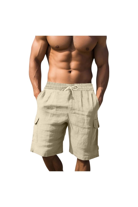 Men Cotton Linen Beach Shorts Summer Lightweight Workout Gym Shorts Casual Straight Leg Cargo Short with Pockets Khaki S
