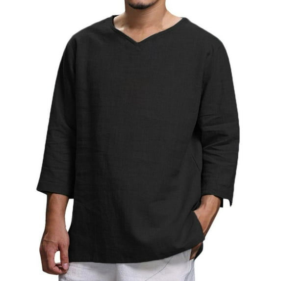 YLSDY Men Cotton Linen Shirts Hippie Baggy Breathable 3/4 Sleeve Blouse Summer Casual Crewneck Beach Tunic Tops Navy XL