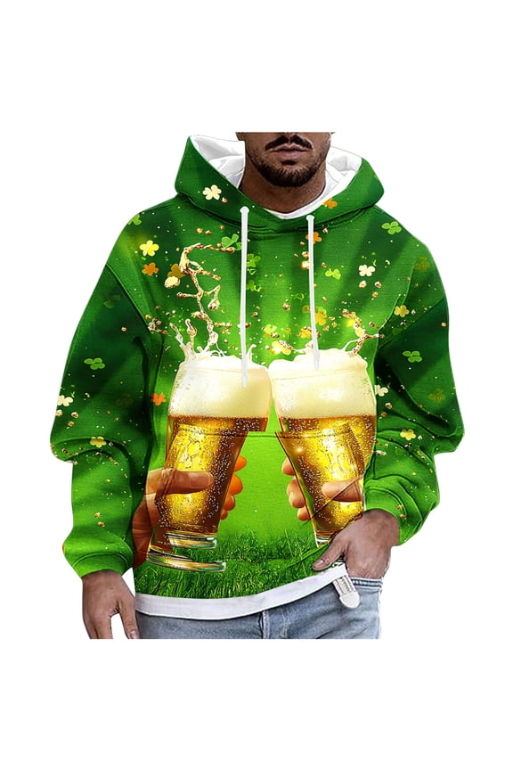 Men Drawstring Hooded Sweatshirts Clover Beer Toast Full All Over Print Loose Fit for Festival Parades Backyard Drinks Green M