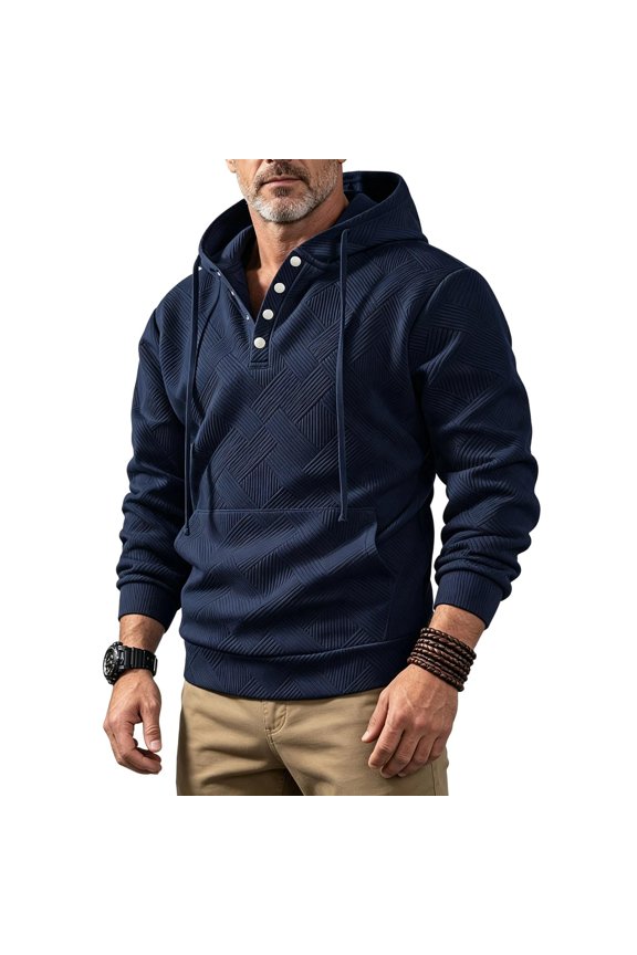 Men Drawstring Hooded Sweatshirts Diagonal Texture Three Button Placket Relaxed Cut for Tailgate Events Local Parade Navy M