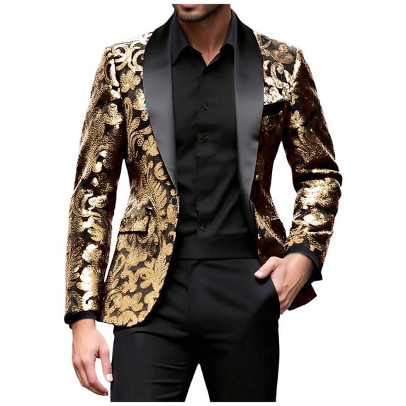 YLSDY Men Fashion Velvet Sequins Floral Pattern Suit Jacket Blazer Tuxedo Peak Lapel One Button Dinner Party Prom Wedding Suit Jacket Gold M