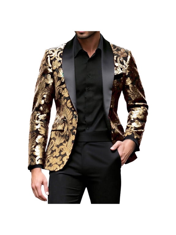 Men Fashion Velvet Sequins Floral Pattern Suit Jacket Blazer Tuxedo Peak Lapel One Button Dinner Party Prom Wedding Suit Jacket Gold M