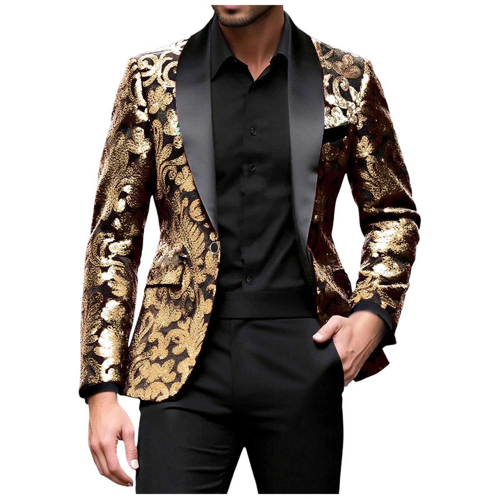 YLSDY Men Fashion Velvet Sequins Floral Pattern Suit Jacket Blazer Tuxedo  Peak Lapel One Button Dinner Party Prom Wedding Suit Jacket Gold S