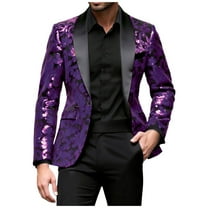 YLSDY Men Fashion Velvet Sequins Floral Pattern Suit Jacket Blazer Tuxedo Peak Lapel One Button Dinner Party Prom Wedding Suit Jacket Purple M