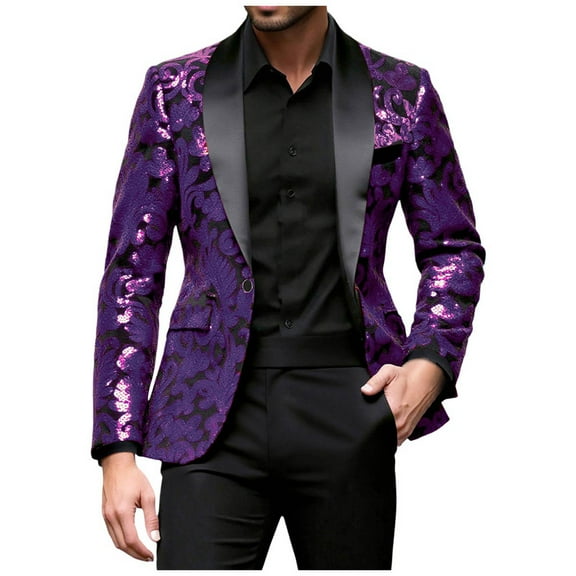YLSDY Men Fashion Velvet Sequins Floral Pattern Suit Jacket Blazer Tuxedo Peak Lapel One Button Dinner Party Prom Wedding Suit Jacket Purple M