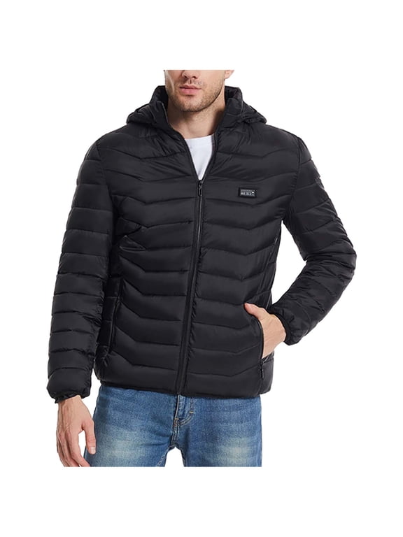 Men Heating Jacket Long Sleeve Hooded USB Charging Four Control 19 Areas Casual Winter Outwear Outdoor Warm Clothing Black XXL