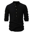 thumbnail image 1 of YLSDY Men Henley Neck Long Sleeve Daily Look Linen Shirts Solid Color Jacquard Button Down Long Sleeve Stand Collar Tops Black L, 1 of 3