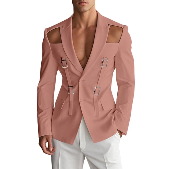 YLSDY Men Hollow Button Suit Coat Casual Solid Long Sleeved Lace Up Wedding Formal Blazers Lapel Solid Casual Coat Pink XXL