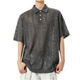 thumbnail image 1 of YLSDY Men Hollow Out Knit Crochet Shirt Summer Short Sleeve Lapel Collar Button Down T Shirts Hawaiian Beach Vacation Top Dark Gray L, 1 of 4