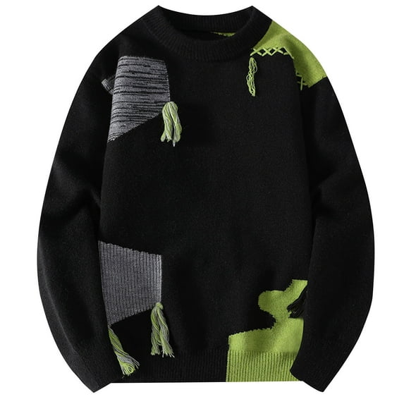 YLSDY Men Oversized Crewneck Knitted Sweater Pullover 2025 Vintage Fall Winter Sweaters Tops Jacquard Print Padded Sweater Black XXL