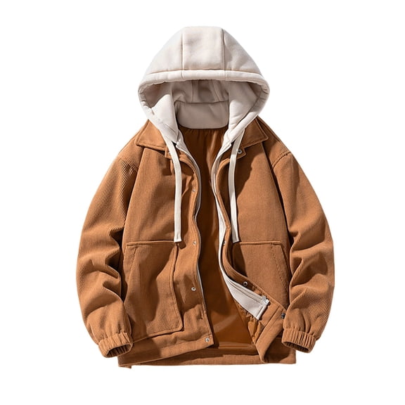 YLSDY Men Patchwork Drawstring Hooded Corduroy Jacket Two-in-One Classic Zipper Button Long Sleeve Warm Coat Brown L
