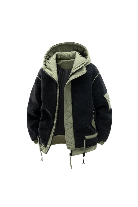Men Patchwork Fleece Jacket Thick Hooded Lamb Wool Jacket Casual Couple Cotton Padded Jacket Parka Coat Black L