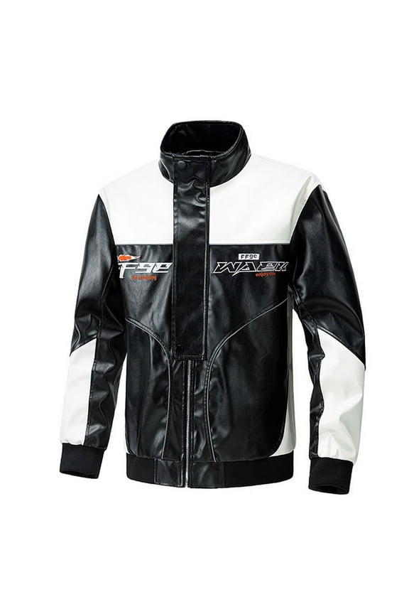 Men Patchwork PU Leather Jacket Motorcycle Coat Bomber Retro Color Block Print Waterproof Outwear Streetwear Black XL