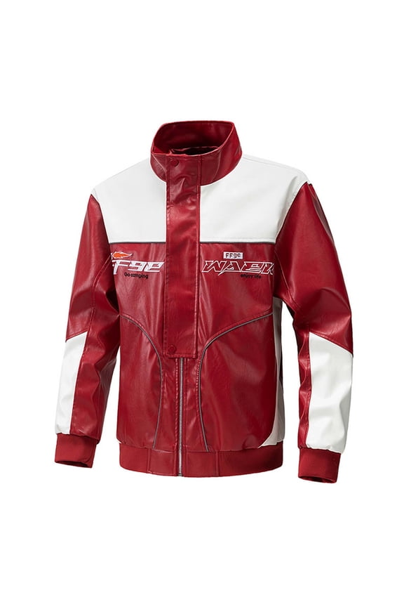 Men Patchwork PU Leather Jacket Motorcycle Coat Bomber Retro Color Block Print Waterproof Outwear Streetwear Red L