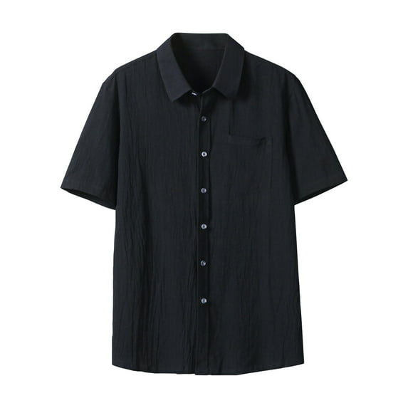 YLSDY Men Pleated Loose Button Down Shirts, Summer Short Sleeve Lapel Casual Tees Fashion Beach Vacation Tops with Pockets Black L