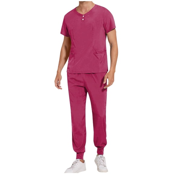 YLSDY Men Scrubs Set — Stretch Buttons Crew Neck Scrub Top & Jogger Pant with Pockets, Yoga Waistband, Anti-Wrinkle Scrubs for Men Hot Pink 4